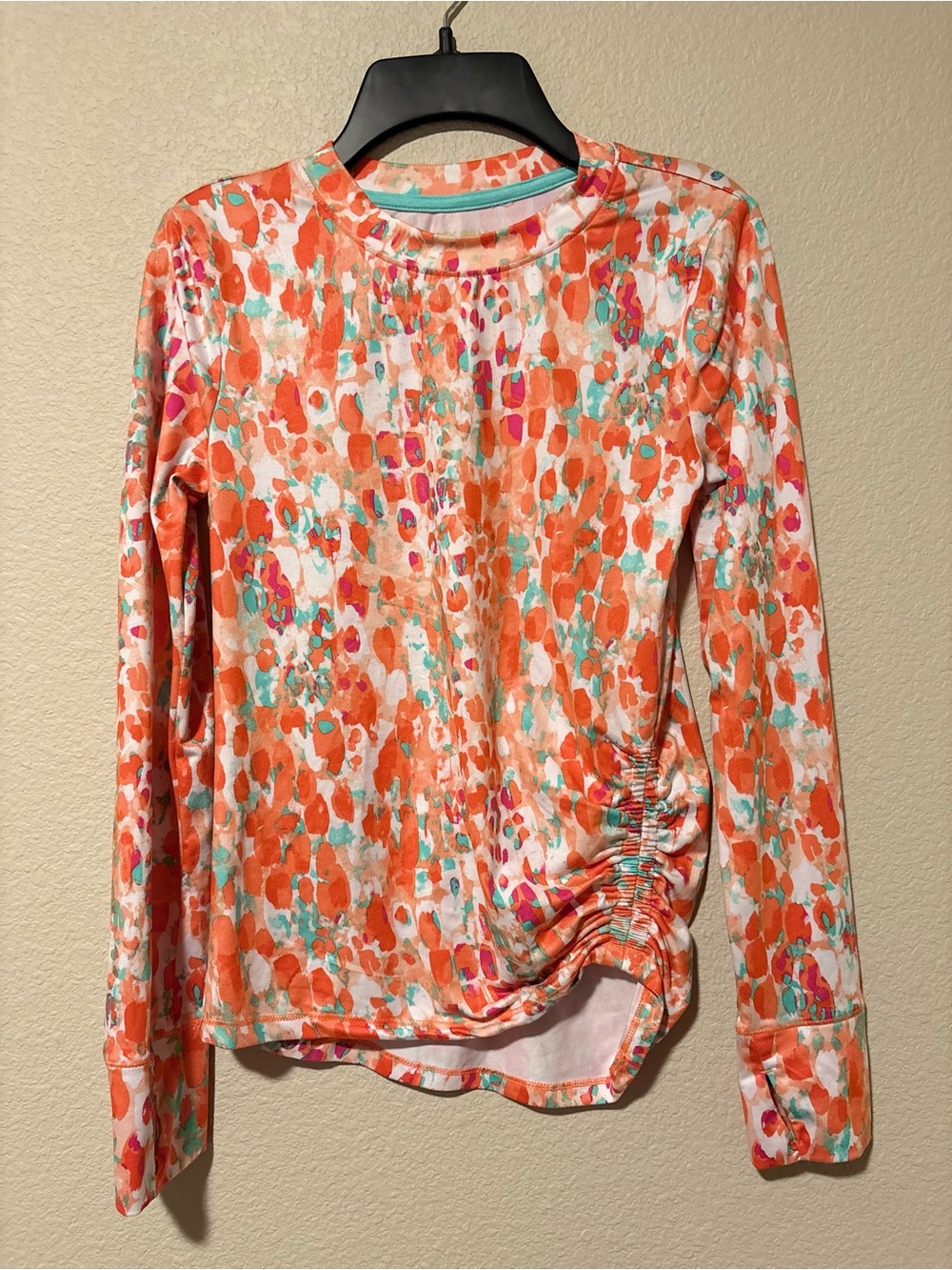 Tek Gear Active Long Sleeve Ruched Top Coral Abstract Print Large 10/12